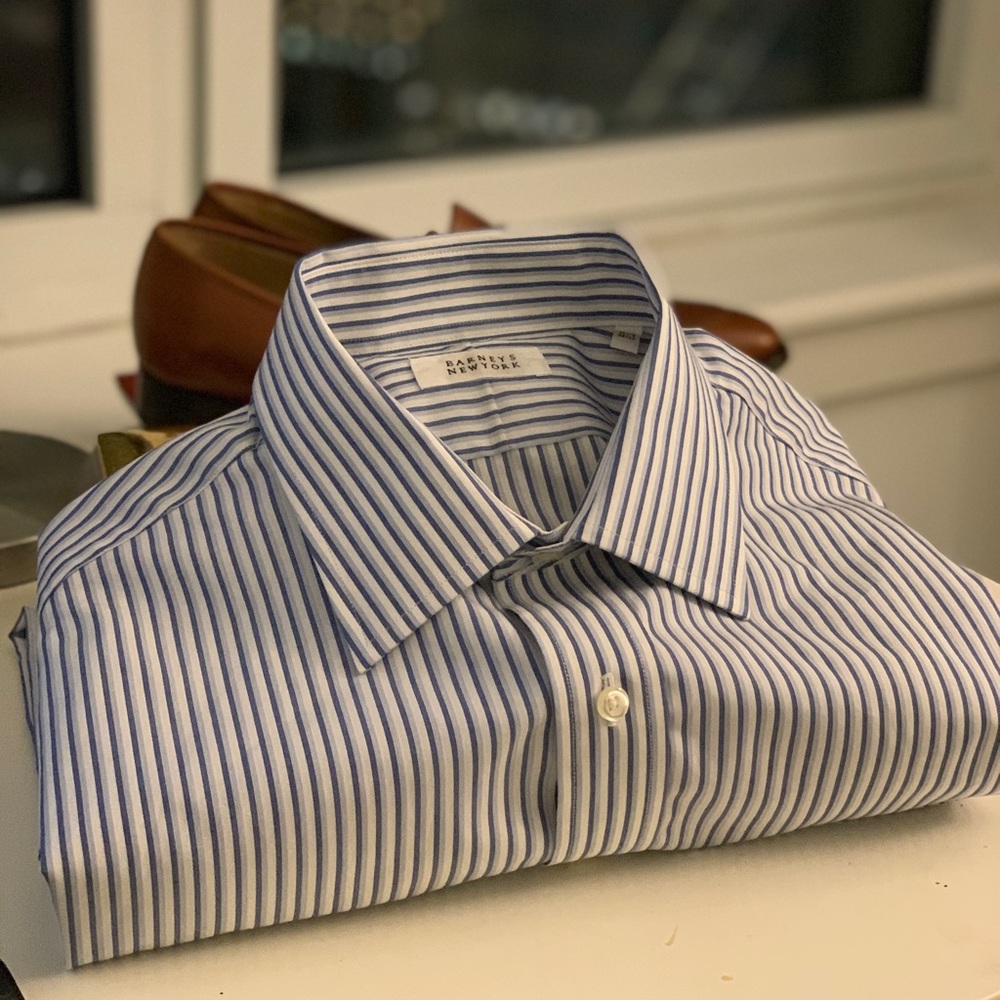 Barney’s blue stripe button down shirt